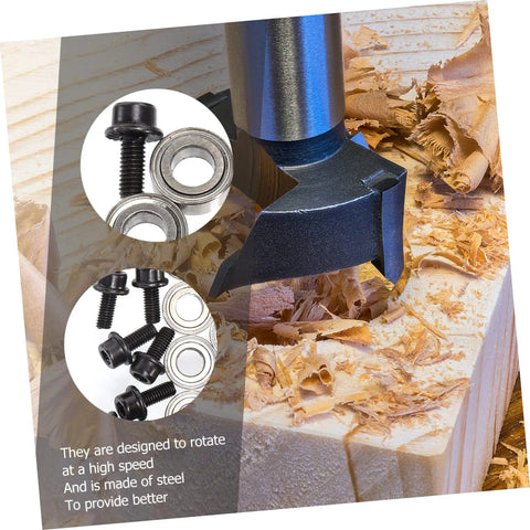 Steel router bit cutting wood with inset of Top Mounted Bearing Guide For Router Bits Replacement Kit, Low Noise Double Shielded Design