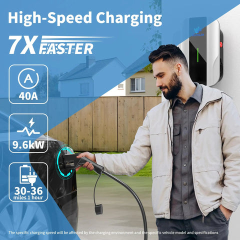 User connecting J1772 Level 2 EV Charger 40 Amp 9.6 KW With 25 Ft NEMA 14-50 Cord for home garage charging.