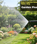 High Pressure Car Wash Water Gun With Booster Nozzle spraying water over garden flowers and shrubs in a lush backyard scene.
