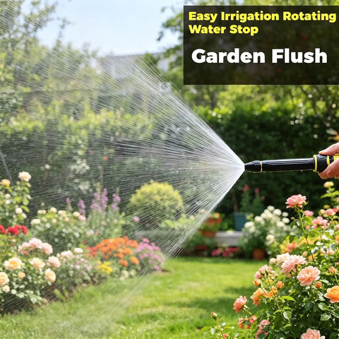 High Pressure Car Wash Water Gun With Booster Nozzle spraying water over garden flowers and shrubs in a lush backyard scene.