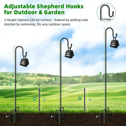 62 Inch Outdoor Shepherds Hook With 5 Prong Base, Adjustable Height Bird Feeder Pole For Hummingbird Feeder in various heights
