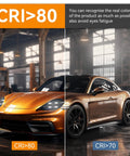 Comparison of 4 Pack UFO LED High Bay Light 200W in warehouse, CRI>80 vs CRI>70 effects on car color visibility