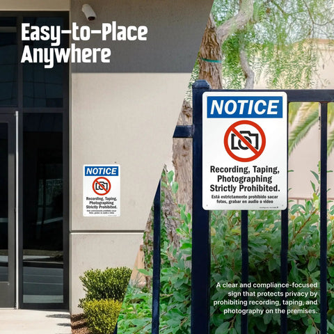 Heavy Duty Aluminum Bilingual Privacy Warning Sign Rock Solid For Outdoors Straight Up No Recording Or Taping Allowed Top Shelf Rust Resistant Security Notice 10X14 Inches mounted on a wall and fence.