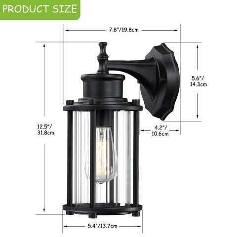 Two Pack Outdoor Wall Lights For Porch Patio And Garage 12.5 Inch Exterior Waterproof Fixtures In Matte Black With E26 Socket And Ribbed Glass Shade Easy Mount Sconces Built To Last Anti Rust showing product dimensions