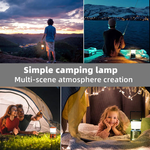 Hella Bright 1000 Lumen Rechargeable LED Camping Lantern With Four Light Modes used in various camping and outdoor scenes.