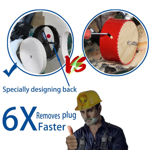 Tough As Nails Carbide Grit Hole Saw Drill Bit For 4 3/8 And 6 3/8 Inch shows comparison with a specially designed back for faster plug removal.