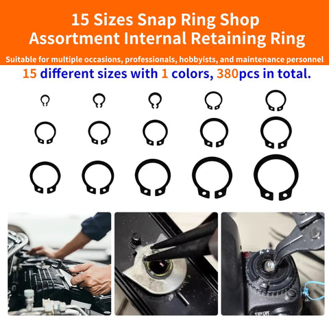15 sizes snap ring assortment from 4 In 1 Snap Ring Pliers Set With 380 Pcs Retaining Ring Kit for various repairs, close-up view.