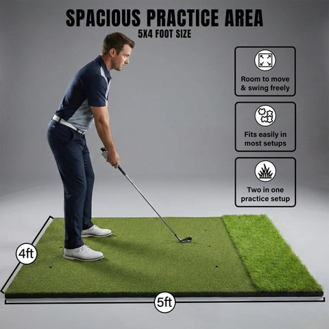 Man practicing on 5x4ft Ultra Thick Premium Golf Mat With 20mm Base for Indoor or Outdoor Practice, dual turf, thick hitting surface.