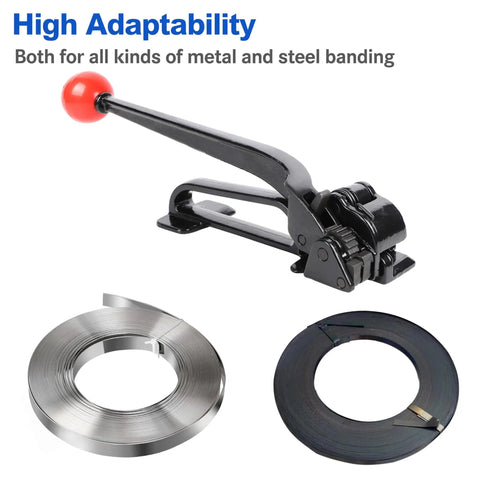 Badass Steel Strapping Tensioner Hand Tool For Metal Banding Three Eighths To Three Quarters Inch, shown with steel bands.