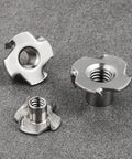 Stainless steel four-jaw T-nuts, 1/4-20, set of three for threaded inserts.