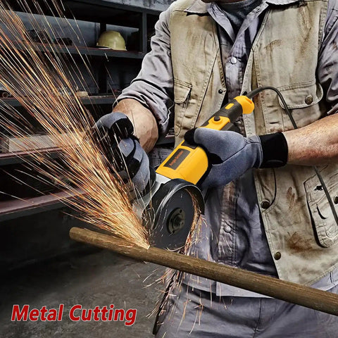 Person using Beast 5 Inch Angle Grinder With 10 Amp 1280W Motor, Six Variable Speeds From 3000 To 11000 RPM, for metal cutting