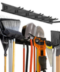 96 Inch Garage Wall Organizer Heavy Duty 1200 Lbs Capacity With 12 Hooks Broom Holder displaying assorted garden tools