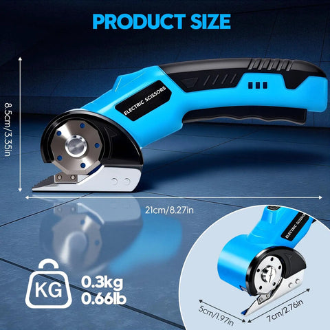 Heavy Duty Cordless Electric Scissors With Rechargeable Rotary Blade And LED Light Safety Lock For No Sweat Cutting Of Cardboard Fabric Carpet Leather And Cloth Slick Power Shears Blue size dimensions and weight