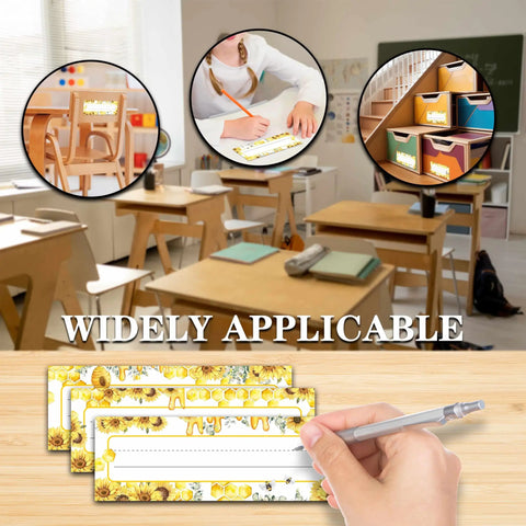 Busy classroom with 30 classroom name tags set, sunflower desk tags and bumble bee labels, 3x9 inch for kindergarten back to school decor