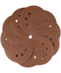 Super Tough 40 Piece 5 Inch Ultra Fine Aluminum Oxide Sanding Discs With Eight Hole Hook Loop Backing set arranged in a circle.