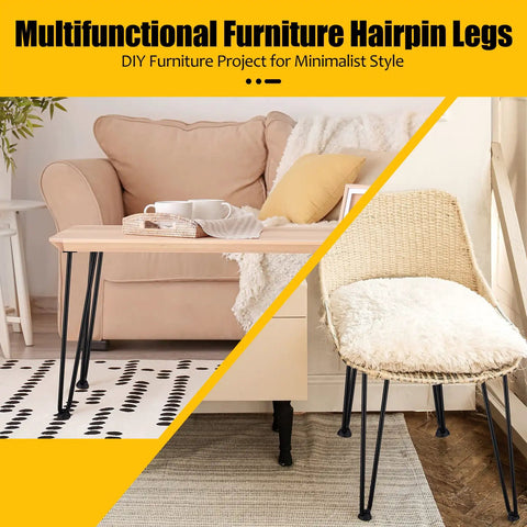12 Pack 16 Inch Hairpin Metal Table Legs Heavy Duty Furniture Feet with Floor Protectors on coffee table and chair