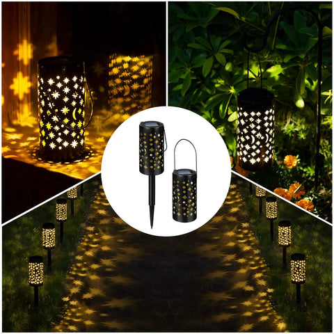 Six Pack Metal Solar Pathway Lights With Star Moon Hanging Lanterns illuminating garden at night, warm white LED glow