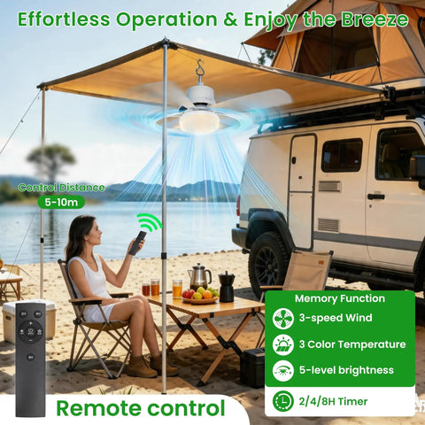 Solar Powered Ceiling Fan With Light For Outdoors, 17.5 Inch Portable Camping Fan shown under canopy near RV setup