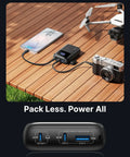 Ultra Compact Wallet Sized Laptop Power Bank Featuring Hella Fast 65W Triple Port Charging And Massive 20000mAh Built In Battery For Flawless Setup Wherever You Head with devices on wooden table.