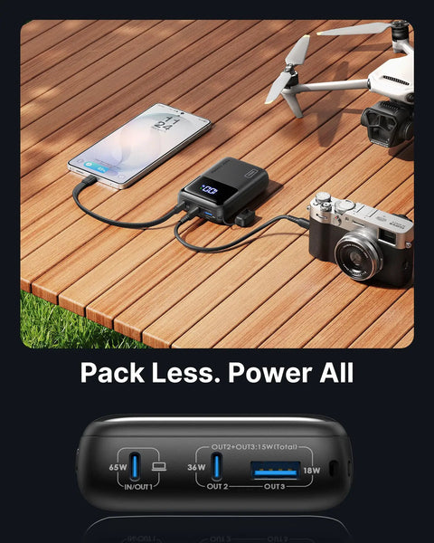 Ultra Compact Wallet Sized Laptop Power Bank Featuring Hella Fast 65W Triple Port Charging And Massive 20000mAh Built In Battery For Flawless Setup Wherever You Head with devices on wooden table.