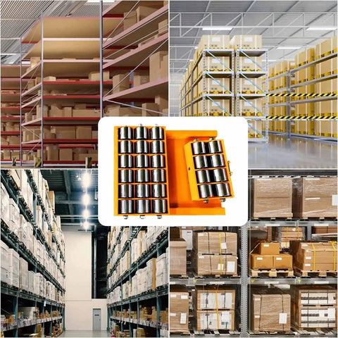180 Degree Swivel Cargo Trolley Skate Featuring Polyurethane And Steel Rollers For Heavy Machinery Moving And Industrial Hauling displayed in a large warehouse.
