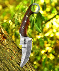 Handmade Damascus Steel Curved Fixed Blade Hunting Knife Nine Inch With Wooden Handle Ring Pommel Leather Sheath
