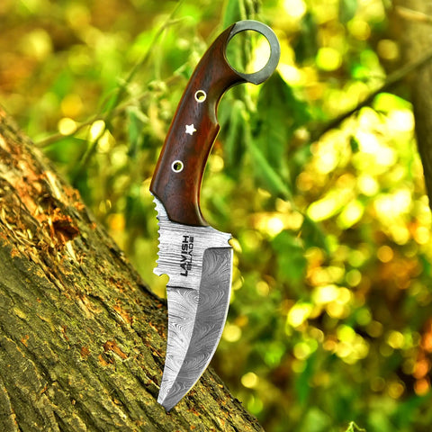 Handmade Damascus Steel Curved Fixed Blade Hunting Knife Nine Inch With Wooden Handle Ring Pommel Leather Sheath