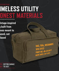 Mechanic Tool Bag With Heavy Duty Olive Drab Canvas Construction, Zipper Pockets, And Rugged Carry Handles For A Compact Portable Organizer