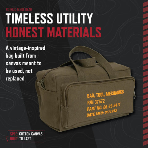 Mechanic Tool Bag With Heavy Duty Olive Drab Canvas Construction, Zipper Pockets, And Rugged Carry Handles For A Compact Portable Organizer