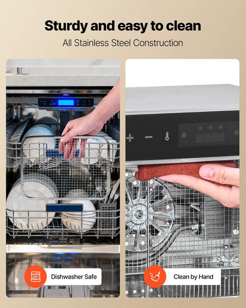 Six Tray Stainless Steel Food Dehydrator With 400W Power, Adjustable Temperature, And 24 Hour Timer being cleaned in dishwasher and by hand