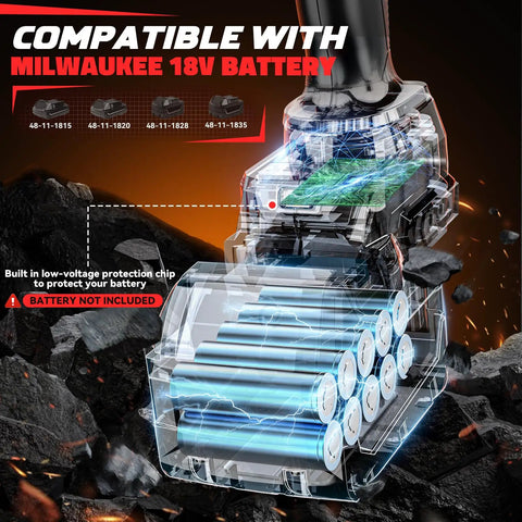 Half Inch Cordless Impact Wrench Bare Tool Compatible With Milwaukee 18V Batteries High Torque 950 Ft Lbs Electric Impact Gun with exposed battery housing showing compatibility and protection chip