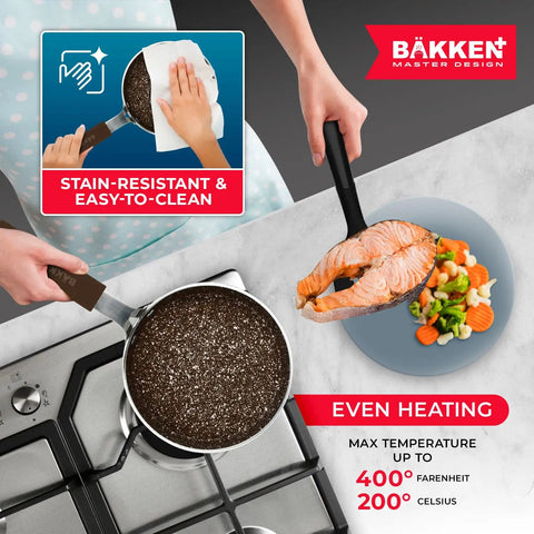 Stain-resistant mini pan with salmon, part of Mini Pan Set Two Piece Five Point Five Inch Nonstick Egg Pan With Spatula.