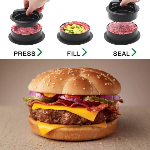 3 In 1 Nonstick Burger Press For Stuffed Patties, Sliders And Regular Burgers, Detachable Indent Press and assembled burger.