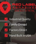 Red Label Abrasives branding with checklist of features like industrial quality, family owned, factory direct, and hand built.