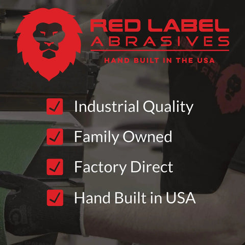Red Label Abrasives branding with checklist of features like industrial quality, family owned, factory direct, and hand built.