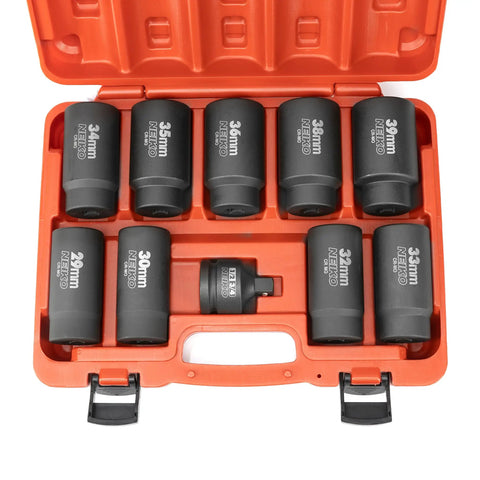 Heavy Duty 10 Piece 12 Point Socket Set For 1/2 Inch Drive With Lug Nut Remover And Axle Nut Sockets, Metric 29-39mm
