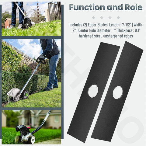 Two black 7-1/2 inch edger blades with 1-inch center holes.