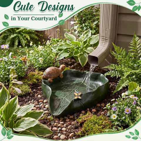 Totally Slick Leaf Shaped Splash Block With Turtle Sculpture, resin 12x11 inches, placed under downspout directing water away.