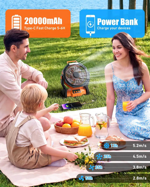 Family picnic with Rechargeable Camping Fan With 20000mAh Battery, LED Light, And Built In Hook, Portable Outdoor Fan