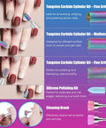 Pro Grade Nail Drill Bits Set With Storage Box, showcasing carbide and silicone bits for smoothing and polishing nails.