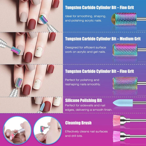 Pro Grade Nail Drill Bits Set With Storage Box, showcasing carbide and silicone bits for smoothing and polishing nails.