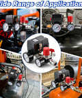 Air Compressor Pressure Switch Kit with Four Port NPT Manifold Regulator and Dual Gauges on various compressors