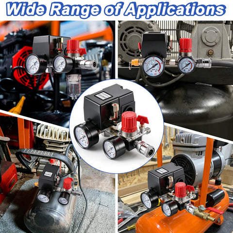 Air Compressor Pressure Switch Kit with Four Port NPT Manifold Regulator and Dual Gauges on various compressors