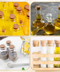 Natural Cork Stoppers Set For Glass Bottles 36 Pieces With Six Handy Sizes Tapered Cork Plugs visible in various bottles.