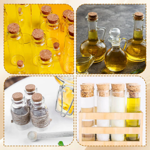 Natural Cork Stoppers Set For Glass Bottles 36 Pieces With Six Handy Sizes Tapered Cork Plugs visible in various bottles.
