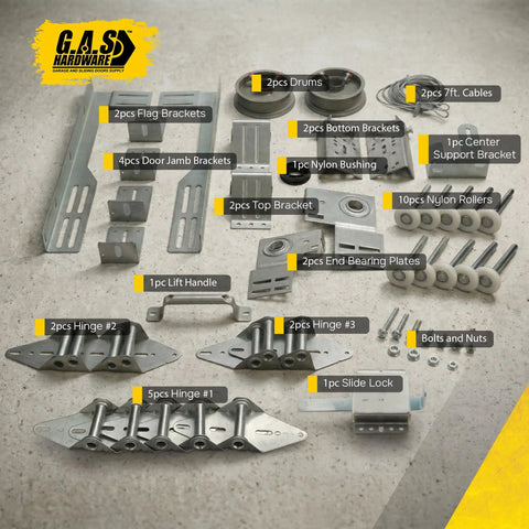 Do It Yourself Friendly Garage Door Hardware Installation Kit For 8x7 Doors Complete Set With Rollers Hinges Brackets Drums Cables Bearings And Mounting Hardware Included For Fast Pro Level Door Installations, showing all components laid out including rollers and hinges.