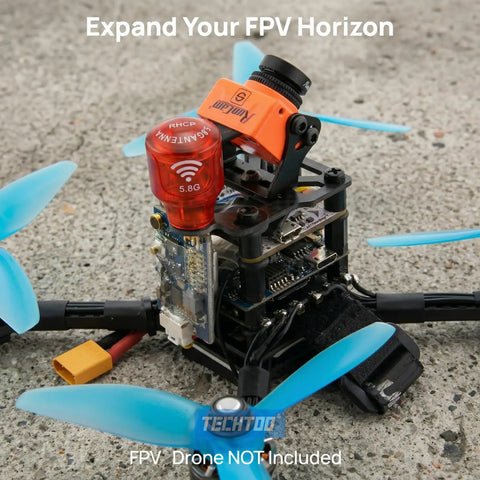 Stubby FPV Antenna For 5.8G RHCP 2.3 Dbi Gain With RP SMA Connector Compact Red Dual Pack on RC drone with blue propellers