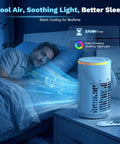 Man sleeping with Four In One Portable Evaporative Air Cooler With Ice Water Cooling Mist on nightstand, blue light emitting.