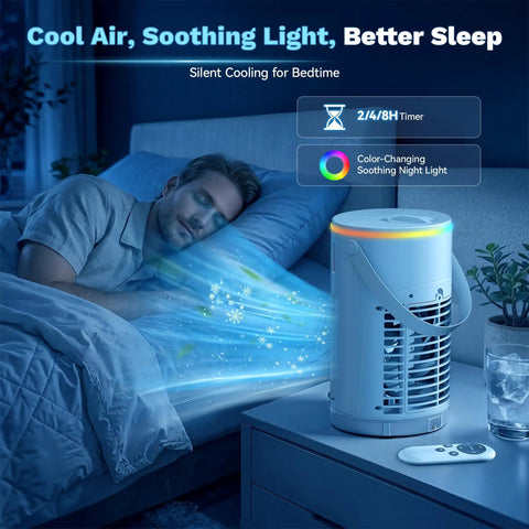 Man sleeping with Four In One Portable Evaporative Air Cooler With Ice Water Cooling Mist on nightstand, blue light emitting.