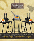 Forge Starter Kit Stand For Blacksmithing with single and double burner forges on a beige background.